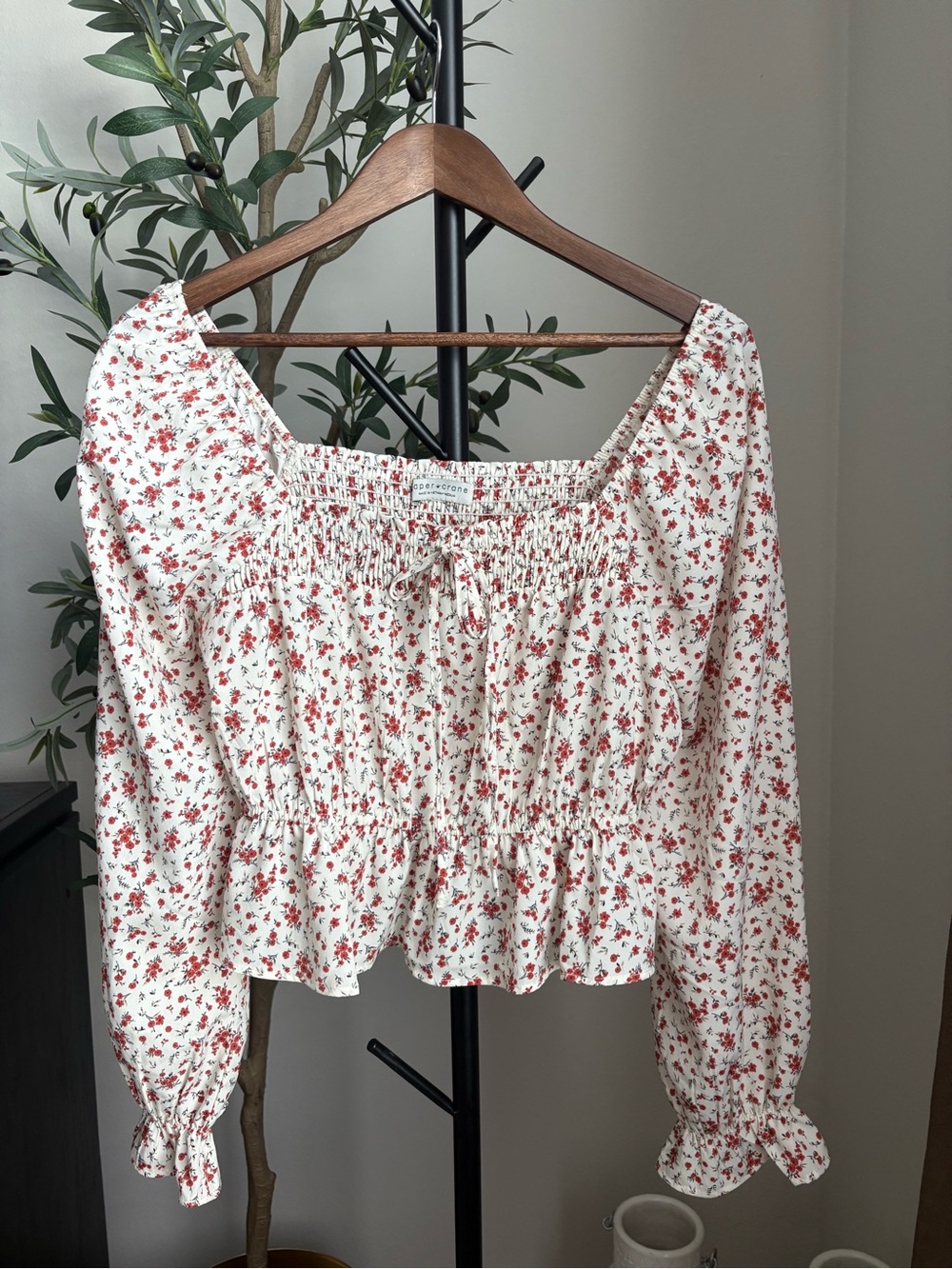 Paper Crane White Peasant Top with Red Floral